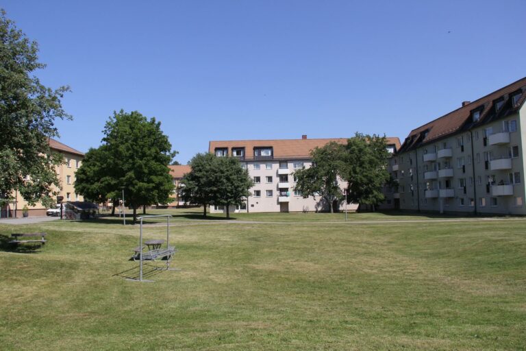 Stor grönyta med träd och lägenhetshus runtom