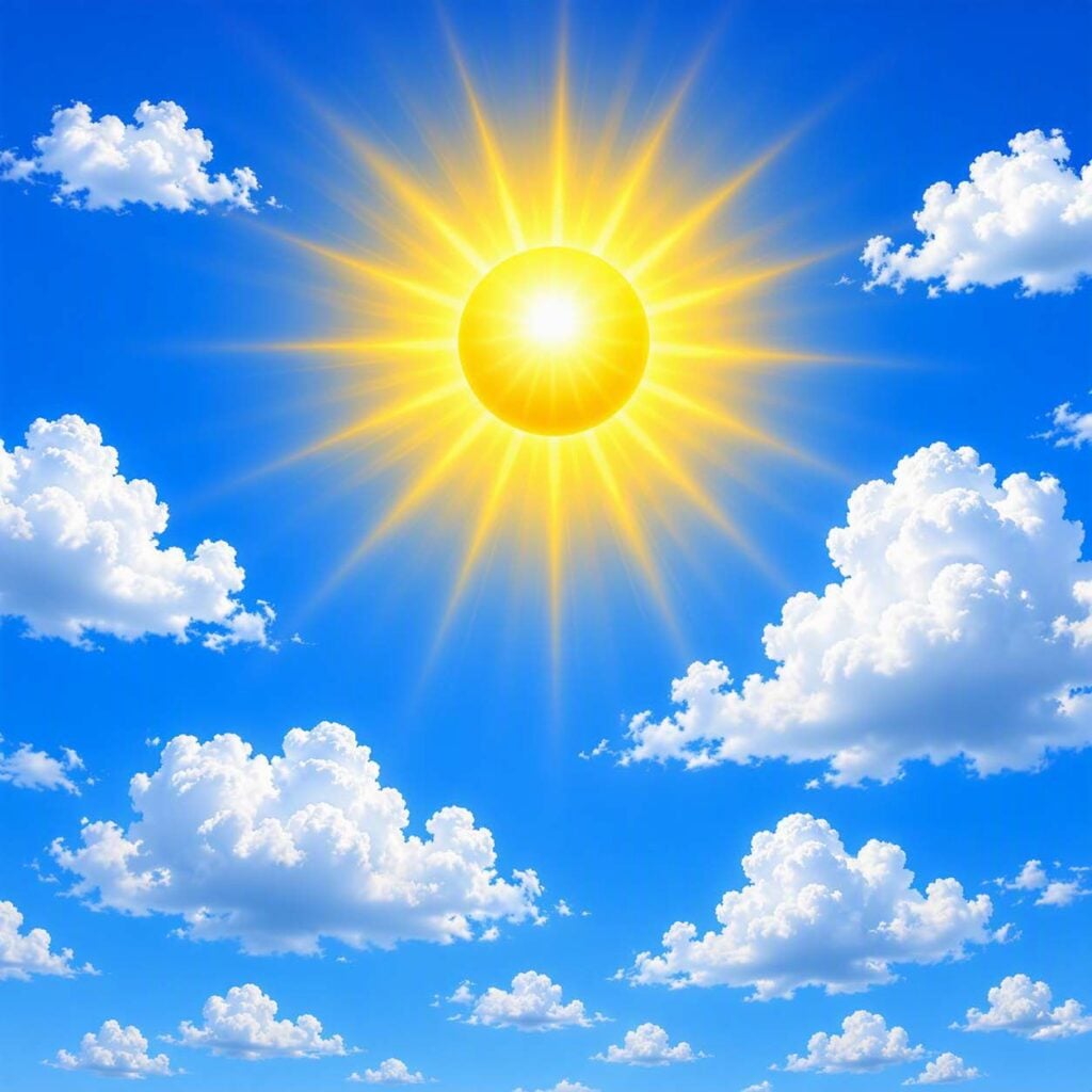 Sol, blå himmel och moln