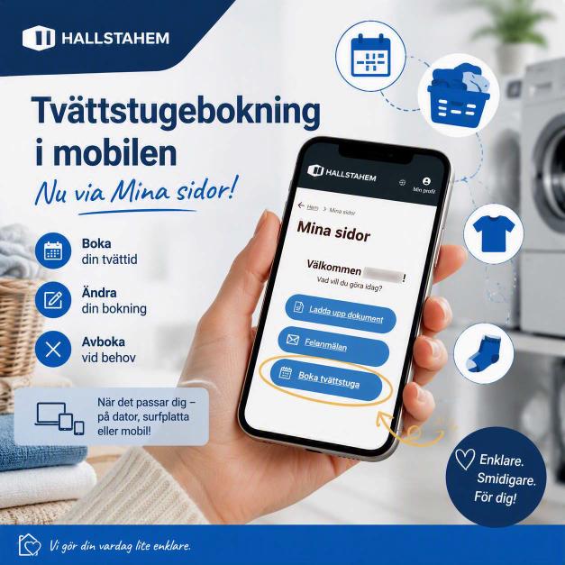 Mobiltelefon som visar Hallstahems Mina sidor där hyresgäster kan boka, ändra eller avboka tvättstuga direkt i mobilen.